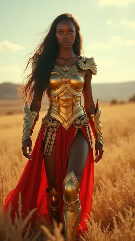  The scene begins with a view of the vast plains ,  where the grass sways gently in the wind under clear sky . suddenly,  the camera focuses on a black warrior ,  of imposing beauty and radiant force .  She exudes a mystical power ,  as if your presence we...