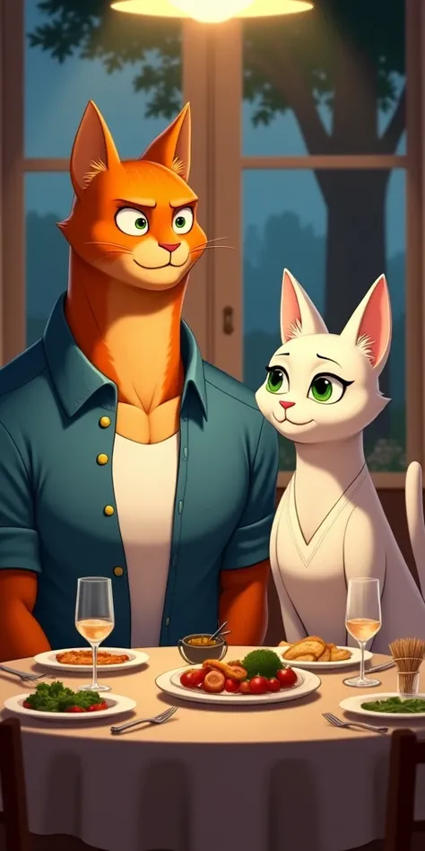 A tall male orange cat wearing a blue button-up shirt with white chest fur visible. He has green eyes and a muscular build.
A tall white female cat wearing a white dress. She has a delicate facial expression, large green eyes, and an elegant posture. Backg...