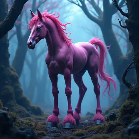 hyperrealistic image of a dark pink 6-legged horse in a blue forest