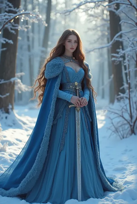 girl with long brown hair, wearing a blue royal dress and a blue fuzzy coat, holding a sword in a snow forest background