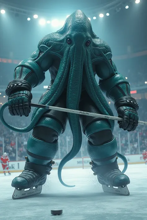 Giant teal and black squid hockey player