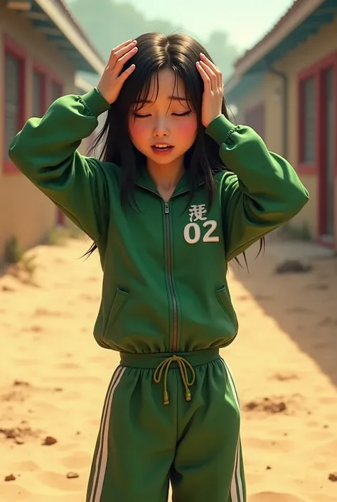 Very pretty Disney Mulan dressed in a green tracksuit with white stripes and the number 02.  With a distressed face and hands on her head .in a sand park in a schoolyard . dreamsworks  