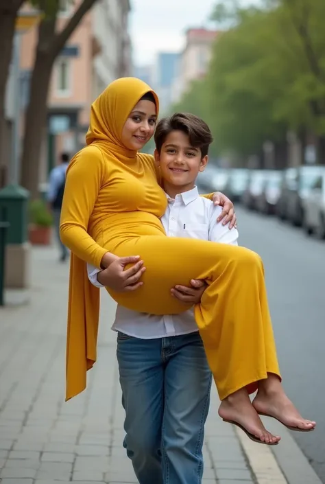  A 12years old school boy in jeans and a white shirt gently carries horizonalty his 40years sleep mother in his arms in the street.The mother wearning tight yellow dress,hijab,showing her big boobs,The street is empty, the scene has a light and cheerful at...