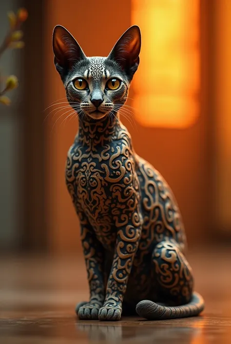 a stunning 8K HDR hybrid cat 🐈 inspired by the elegance of ratian wood, intricate pattern’s mimic woven textures, blending natural beauty with feline grace, against a glowing backdrop, this masterpiece exudes warmth and sophisticated beauty and charms wood...