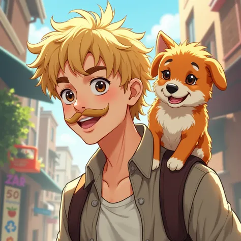 22-year-old young man in anime with a blond mustache and a caramel dog on his shoulder.