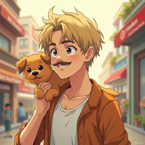 22-year-old young man in anime with a blond mustache and a caramel dog on his shoulder.