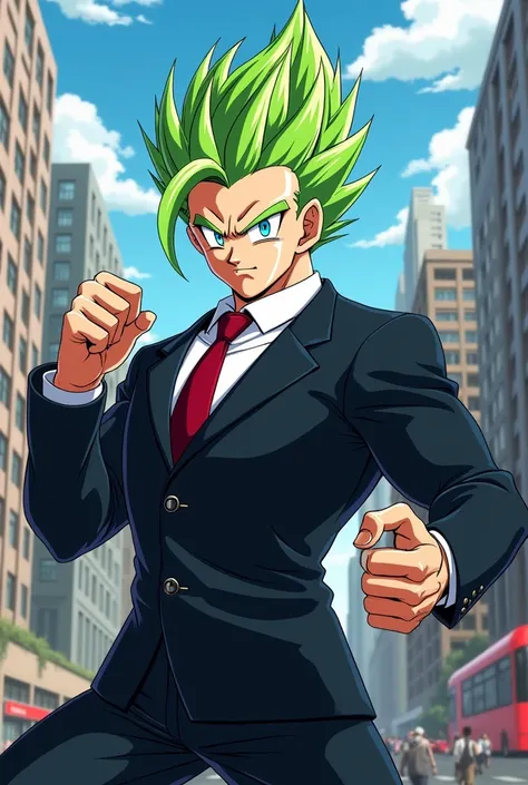 dbz character with big green hair, blue eyes and wearing a black suit with red tie and with dbs cartoon style, he is in a city putting up a fighting stance. he is an adult muscular male character