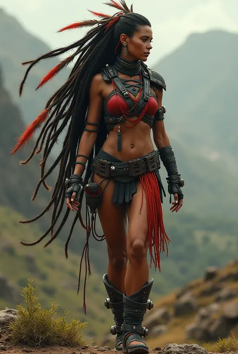  illusion of an indigenous   100 years later,  with a red-black harness on top , long dread hair with feathers , with her feet on the ground , Accessories on the arm