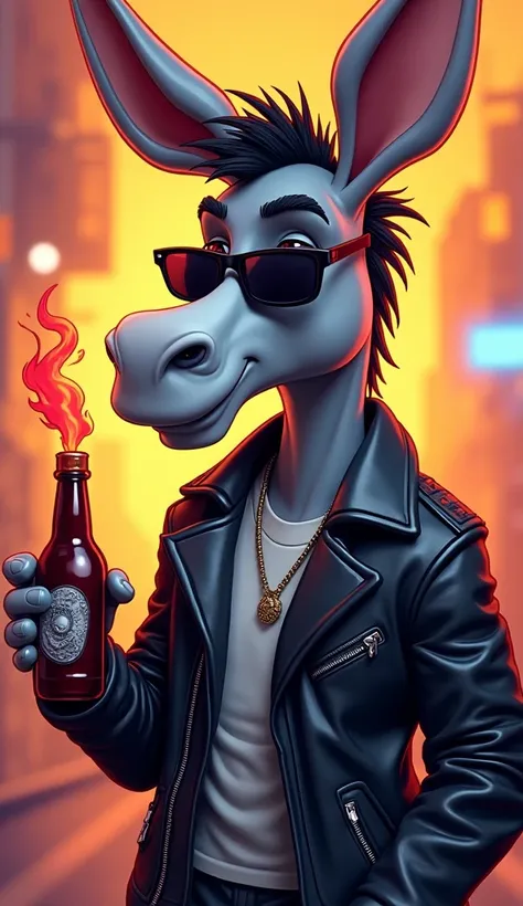 un burro caricaturesco cartoon network con campera de cuero, sunglasses with a bottle with a flare on the disc