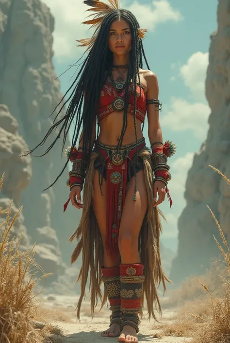 Illusion of an indigenous  100 years later,  with a red-black harness on top , long dread hair with feathers , with her feet on the ground , Accessories on the arm