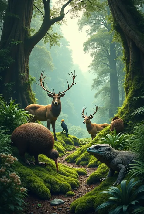 Maori Forest with a kiwi , deer , Tui and a tuatara in it