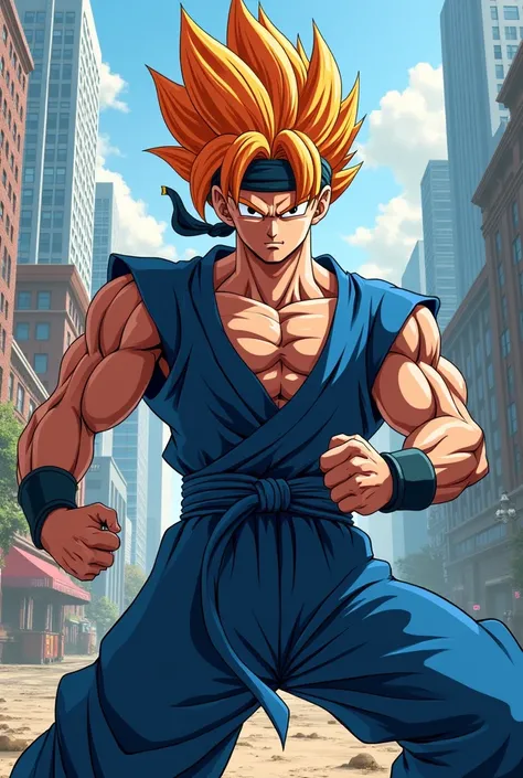 dbz character with short orange hair, black eyes, black headband and wearing a blue swordsman outfit and with dbs cartoon style, he is in a city putting up a fighting stance. he is an adult muscular male character