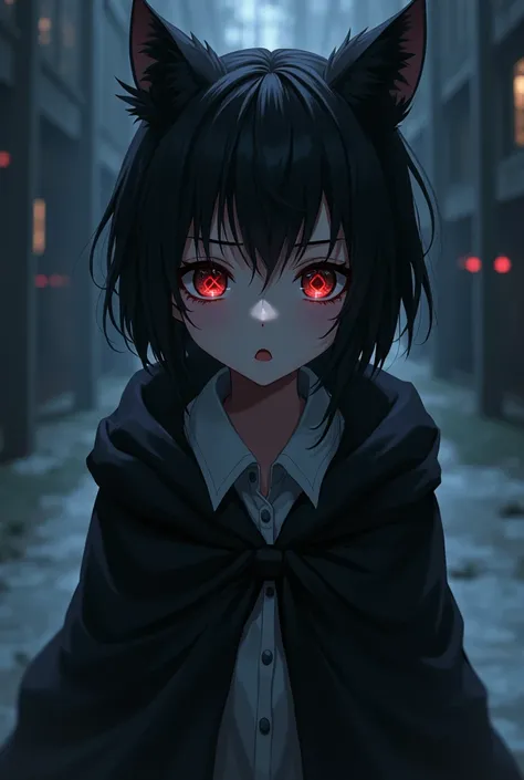 Anime style, girl, Cross pupils, dark and Red eyes, dark hair, dark cloak without Hood with office shirt, Wolf cut