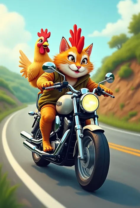 The cat is riding a motorcycle,With a chicken on the back 