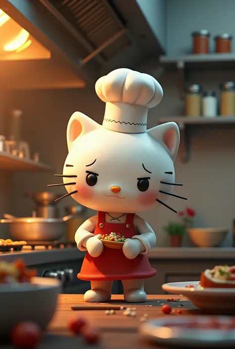 Chef hello kitty is working very hard in kitchen and looks very tired