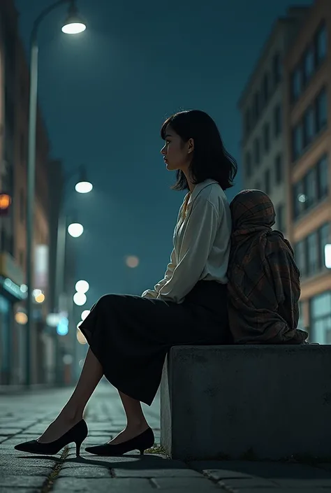 Well-dressed girl sitting on a concrete bench next to a street dweller at night