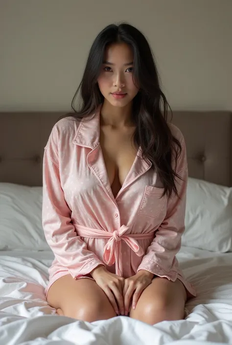 eight sexy age girls in pajamas ,  each of a different size and of a different ethnicity and with different personalities. one black, one japanese six white, sitting on bed, large breasts, ager, aged