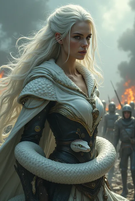 Pale white-haired woman with a white snake and at war