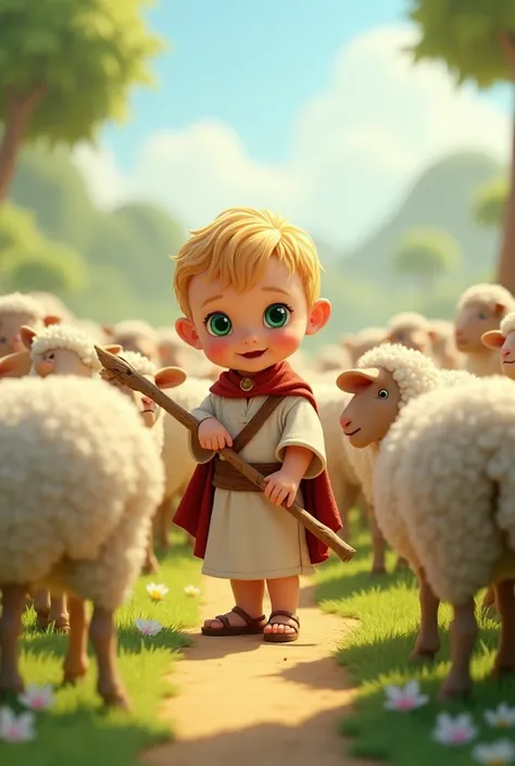 a one-year-old baby boy with smooth blond hair with white skin and green eyes wearing shepherd's clothing from the Bible holding a staff herding many sheep in a cheerful 3D illustrator setting