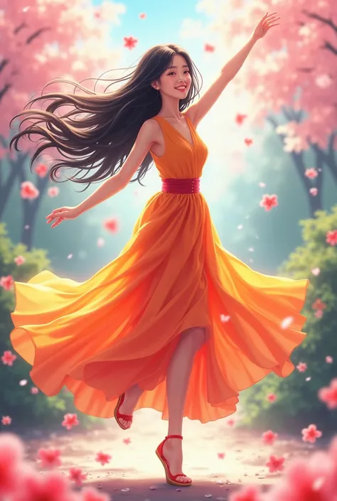 A 20-year-old Japanese woman in anime style、Dancing with a smile。