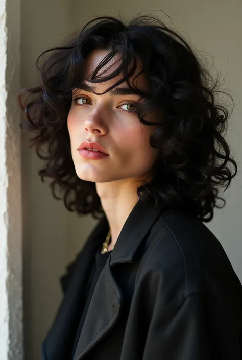 A late age boy with waist-length curly black hair, brown-green eyes, small nose, and full cherry-coloured lips. He's in a band as a singer. Modelling for a magazine