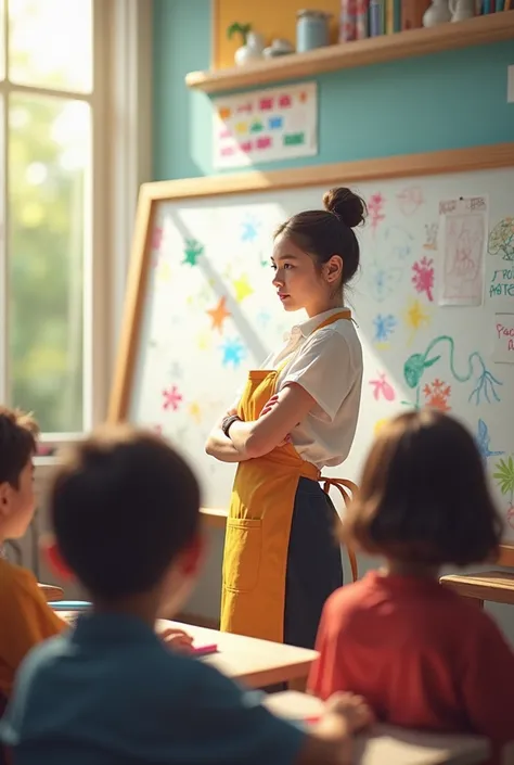 A teacher with an apron behind her a Whiteboard with space and the teacher must be on the side of the blackboard watching the students explain ( beautiful elegant and creative 