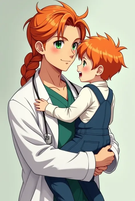 a light-skinned man, large orange hair , tied in a braid, green eyes, wearing a doctor's outfit,  holding a  boy in her arms , de cabelos laranja e green eyess,  with a denim jumpsuit and a white long-sleeved shirt underneath,  anime style