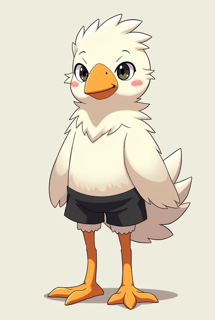 Create Birry he is a bird that walks like a human he has white fur and an orange beak he wears black shorts he has 3,94cm make him showing his whole body he's from an anime 