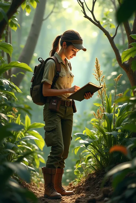  Explorer dressed as a female biologist  , reviewing plants .  