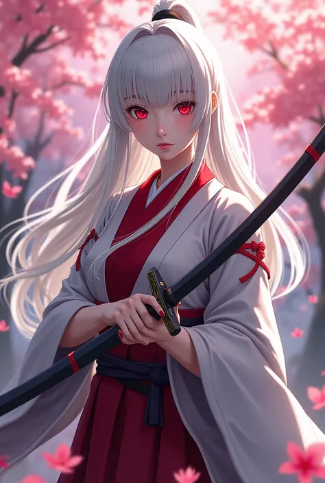  woman with long straight hair in platinum white and straight bangs hime style , crimson eyes,  wearing women's samurai clothing in gray colors with red details, holding a water katana ,   serious expression under the cherry tree ,  anime style