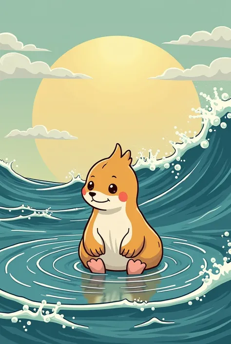 a cartoon guinea is sitting in the water with a wave in the background, vector art by David G. Sorensen, shutterstock contest winner, art nouveau, highly detailed vector art, in style of digital illustration, full color illustration, in the art style of uk...