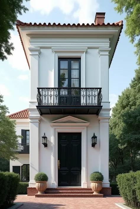 A house with classic architecture, White with black, two-story, with a black metal frame balcony on the front