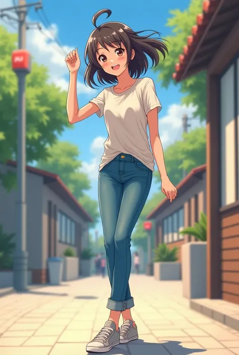 A 20-year-old Japanese woman in anime style、Dancing with a smile。 jeans　 casual　