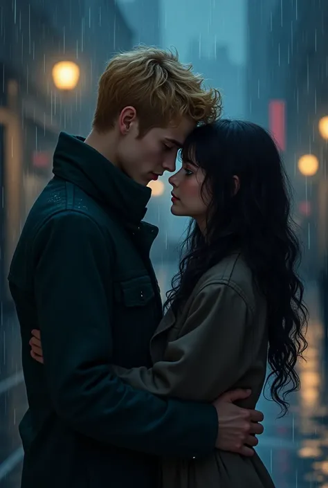 Blond boy with blue eyes (similar to the Joker)hugging a girl with long curly black hair(17 and )In the middle of the rainy night