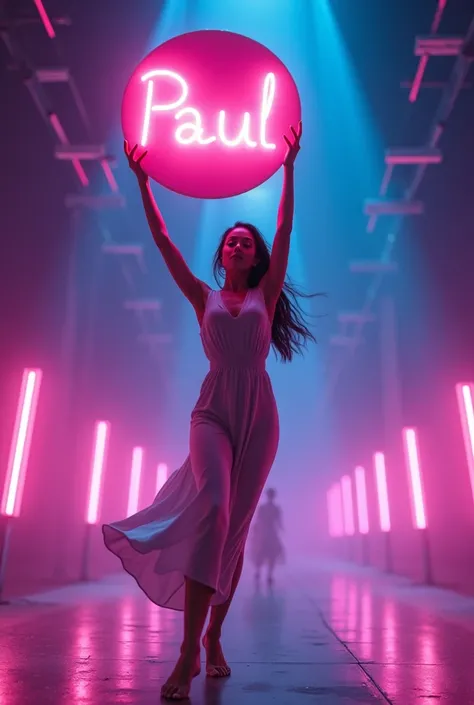 Dance,  disk,  neon lights,  modern,  Girl holding guilt with the inscription Paul