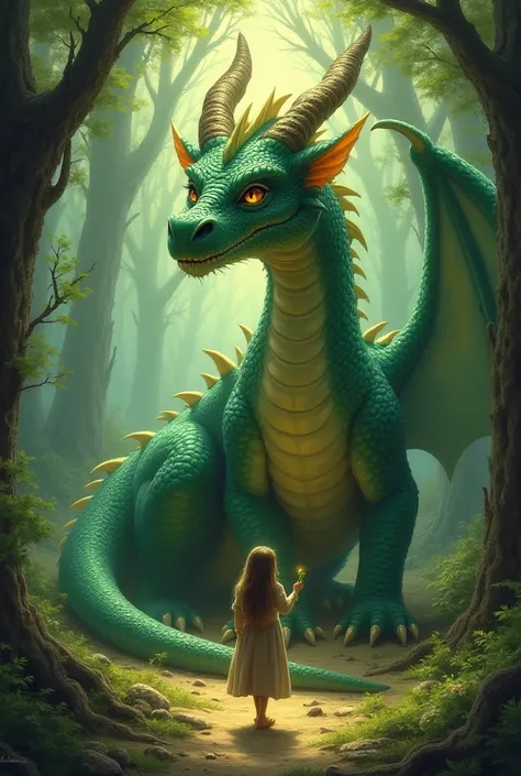 
“A wise, ancient dragon with emerald-green scales and golden eyes, sitting peacefully in a mystical forest. The forest is partially withered, with some trees vibrant and others lifeless. The dragon is surrounded by soft, glowing light, symbolizing wisdom ...