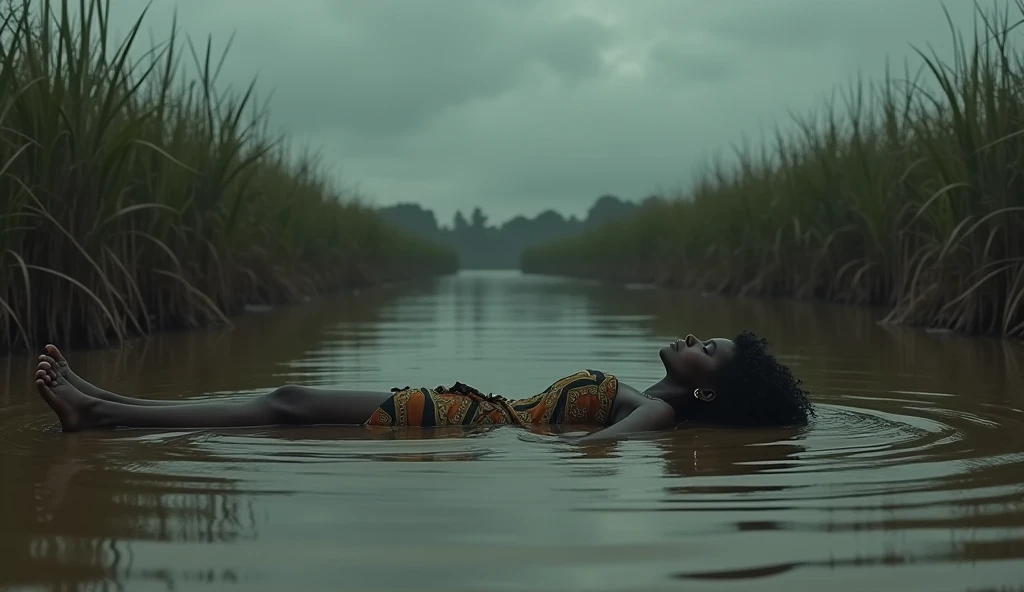 Amara by the River: A lifeless body of a young woman floating face down in a muddy river, her torn dress clinging to her, surrounded by reeds and a gloomy overcast sky. african attire
