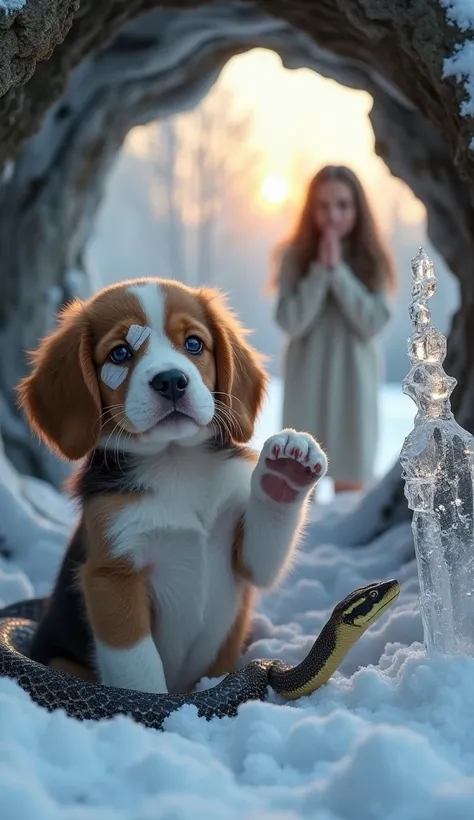 hyperrealistic. A puppy with fluffy Beagle fur, With one of its paws raised it is inside a cave in the snow,  wearing a bandage over one of her eyes . The right front of the puppy , A small snake has its body raised and its head held high, ready to attack....