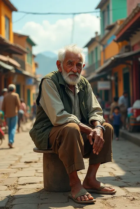 Old man barefoot with dirty feet sitting in a square in the Colombian Caribbean region 