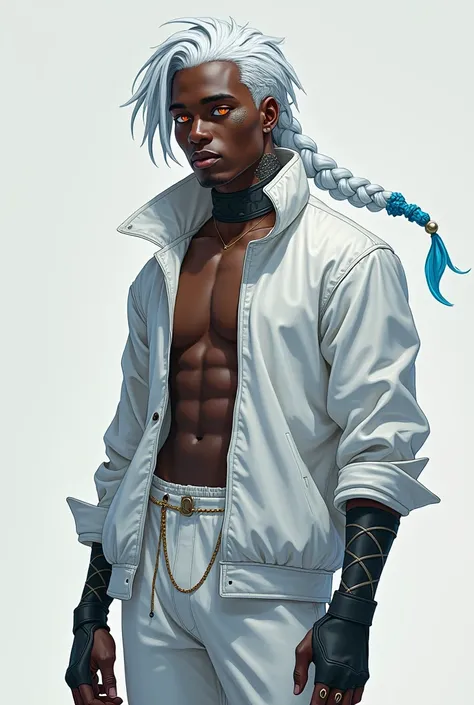  make a tall and strong black man ,  his hair is medium length white, with a braid and a blue lock in his hair ,  his eyes are orange almost red and he has some Cyberpunk-style body modification traits, And he wears white clothes, He has a youthful appeara...