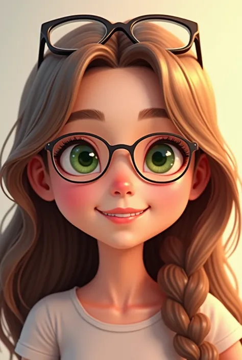 Make an emoji of a girl with long light brown hair, white-skinned, with green eyes and with lenses