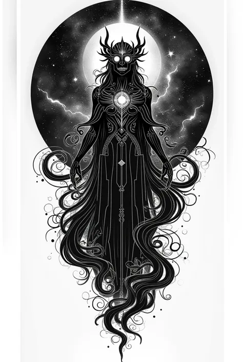 Black and white tattoo design in cosmic fantasy style