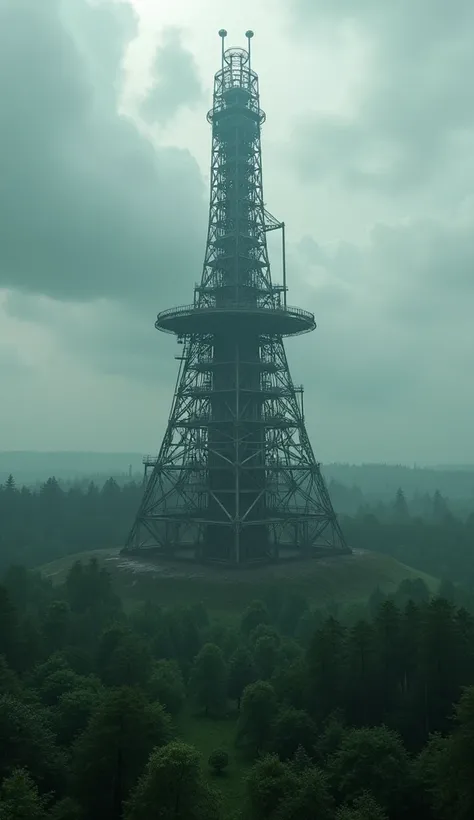 An aerial view of the massive Duga radar system, a colossal metallic structure surrounded by dense green forest, with dramatic gray clouds in the sky, creating an abandoned and mysterious atmosphere."