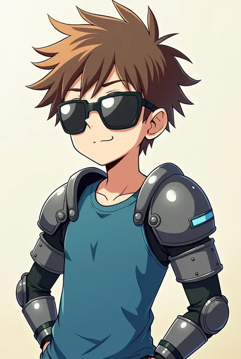 He is a boy he is a boy he is from an anime he has brown hair he wears sunglasses he has a blue t-shirt he has short armor that covers his breasts