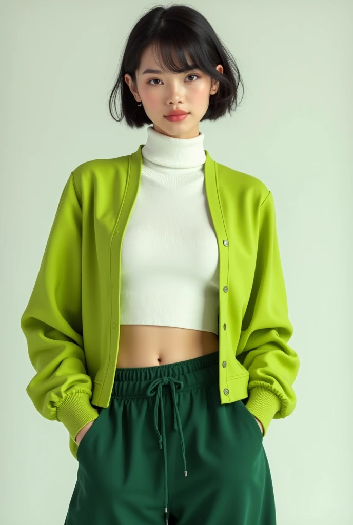 White turtle neck cropped top with parrot green cardigan and dark green joggers