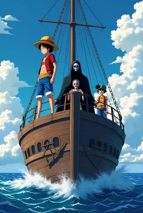 Luffy sur un bateau avec la faucheuse et Zorro