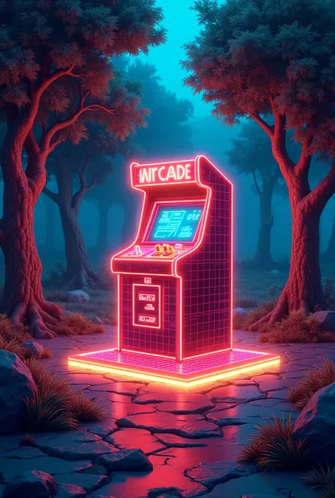 A retro arcade game machine, rendered in a vibrant, glowing wireframe style, sits centrally in a digital landscape.  The machine's surface is composed of glowing lines forming a grid pattern, reminiscent of 80s computer graphics.  Its controls and screen a...