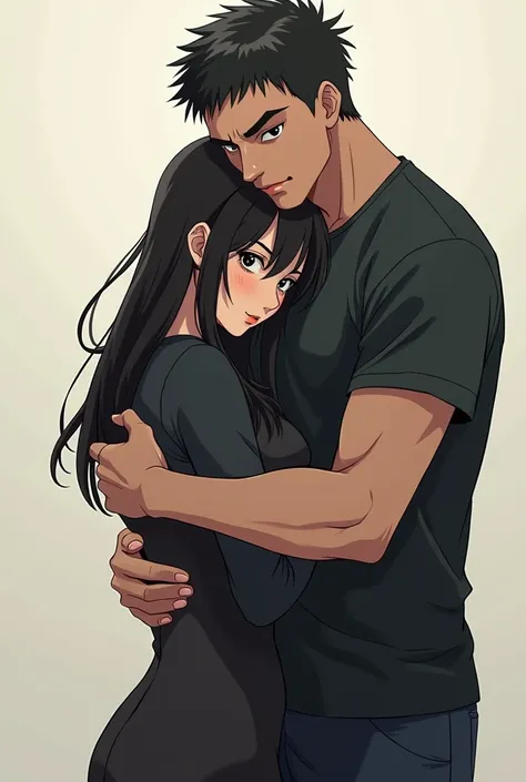 anime fanart, a guy hugging a girl possessively, the girl is turning her back to the screen and the guy is glaring at the screen. the girl's face isnt shown.