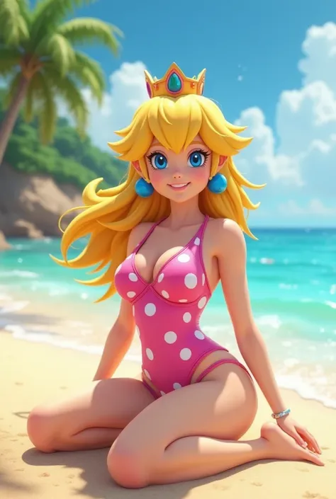 Image of Princess Peach on the beach wearing a swimsuit 