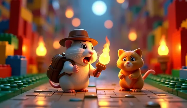 Prompt:
A Pixar-themed scene featuring a white hamster wearing a brown hat and carrying a brown backpack, embodying the spirit of an adventurer. The hamster looks panicked, holding a brightly lit torch that casts a warm glow around him. Beside the hamster ...